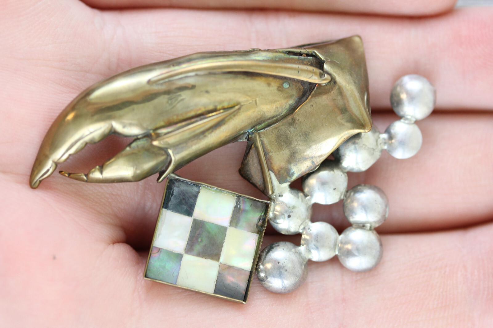 VINTAGE VB DESIGNER SIGNED STERLING SILVER BROOCH BRASS MOP MIXED METAL ARTSIAN