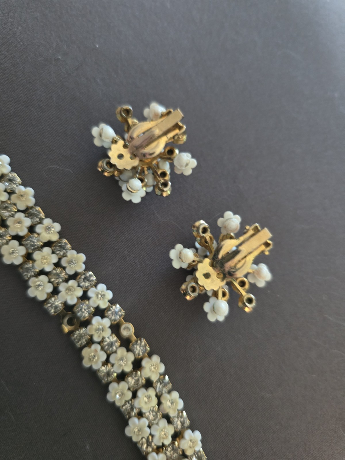 Vintage Enameled Painted Flowers Rhinestone Necklace Bracelet Earring Set