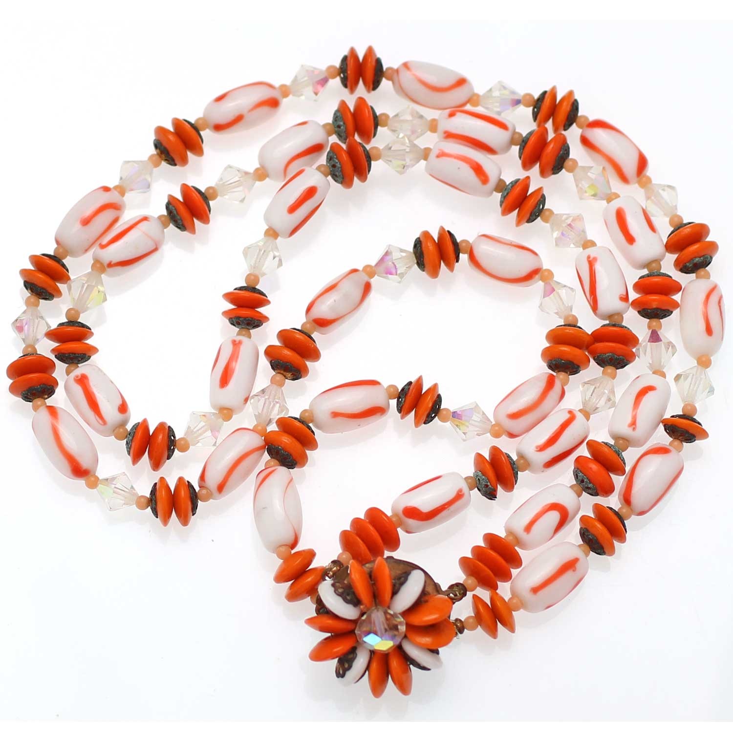 1950s Vintage Layered Necklace Orange White Stripe Glass Beads Crystal Halloween