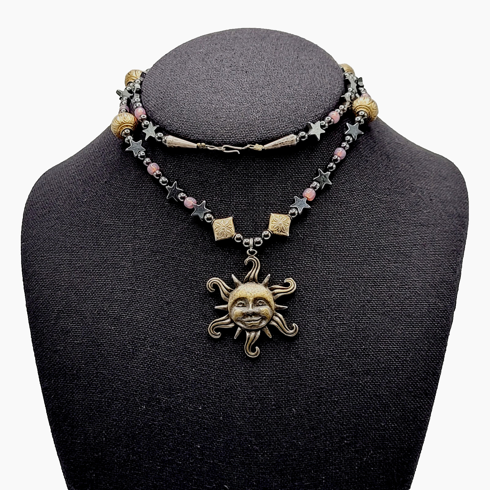 Celestial Sun Stars Black Hematine Bead Pendant Gold Tone Cone Ends Necklace