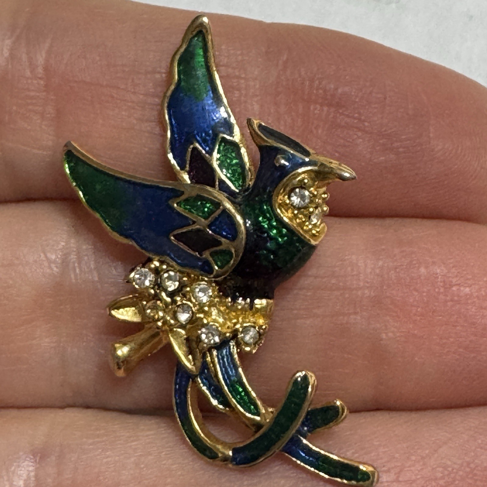 Vtg Enamel Hummingbird Pireced earrings Rhinestone Blue Green Large Stud Vivid