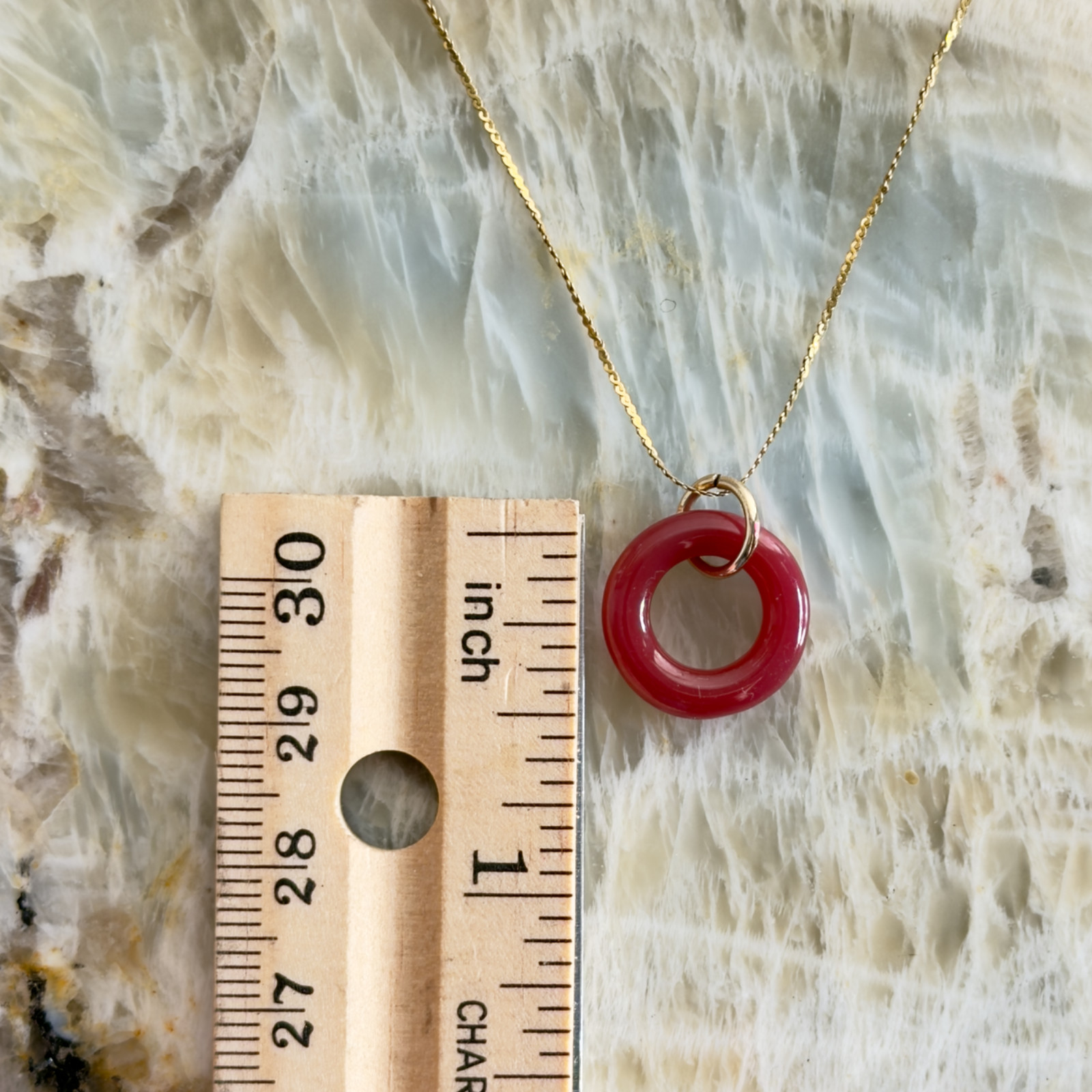 Round Rose Agate Necklace Pendant, 14K Solid Gold, 3D Round Torus Shape