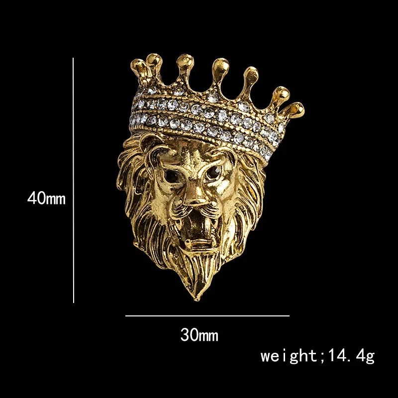 Vintage Animal Lion Head Brooch Crystal Crown Lapel Pin for Men and Women
