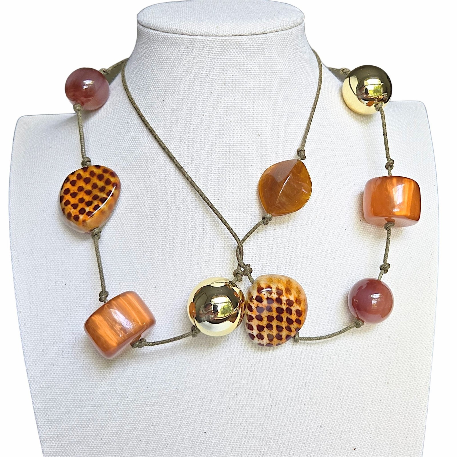 Chunky Earth Tone Ceramic & Marbled Acrylic Knotted Beads Long Necklace Boho 38″