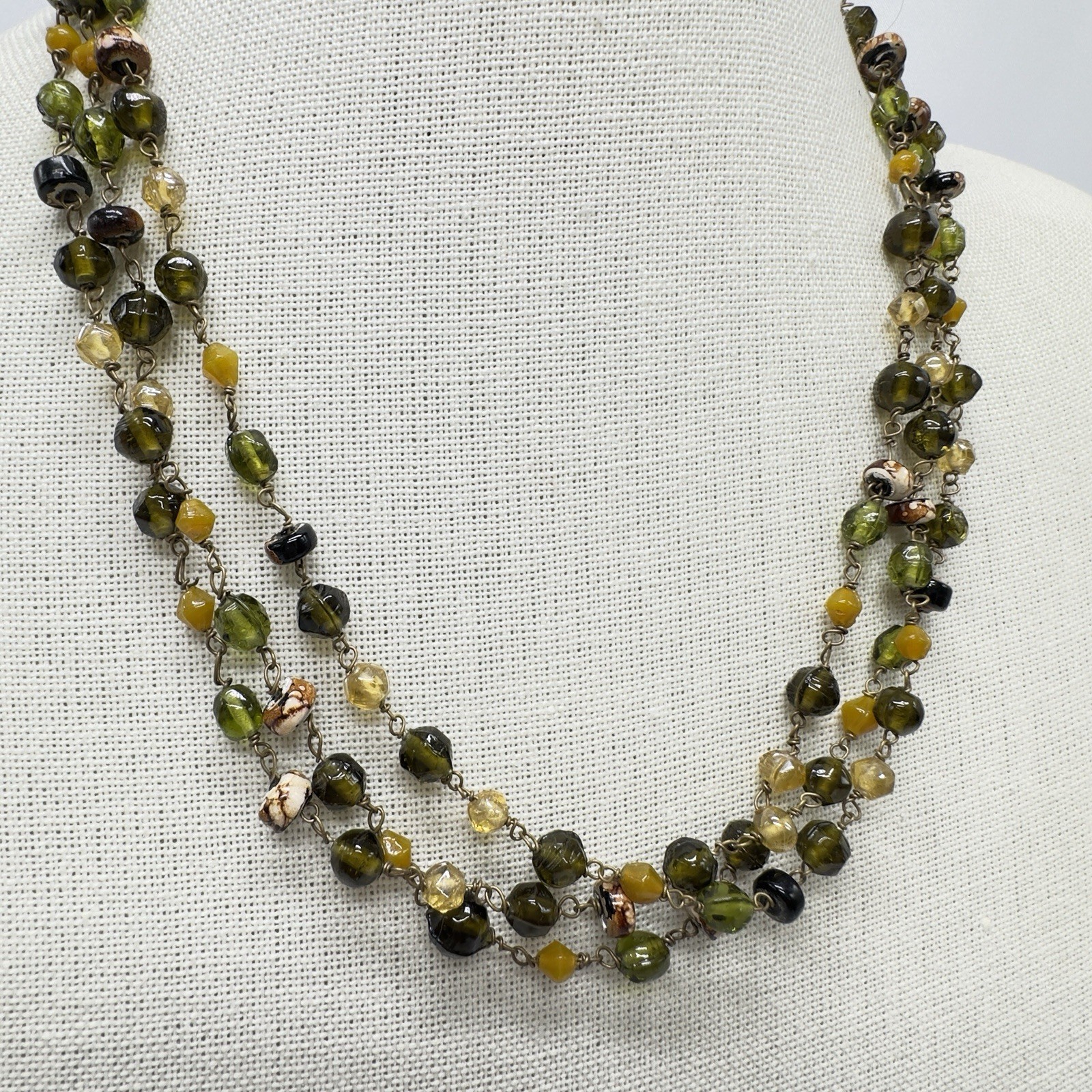 Vintage Art Glass Necklace Earth tones Multi-shape Molded Hand Wired 62″ Opera