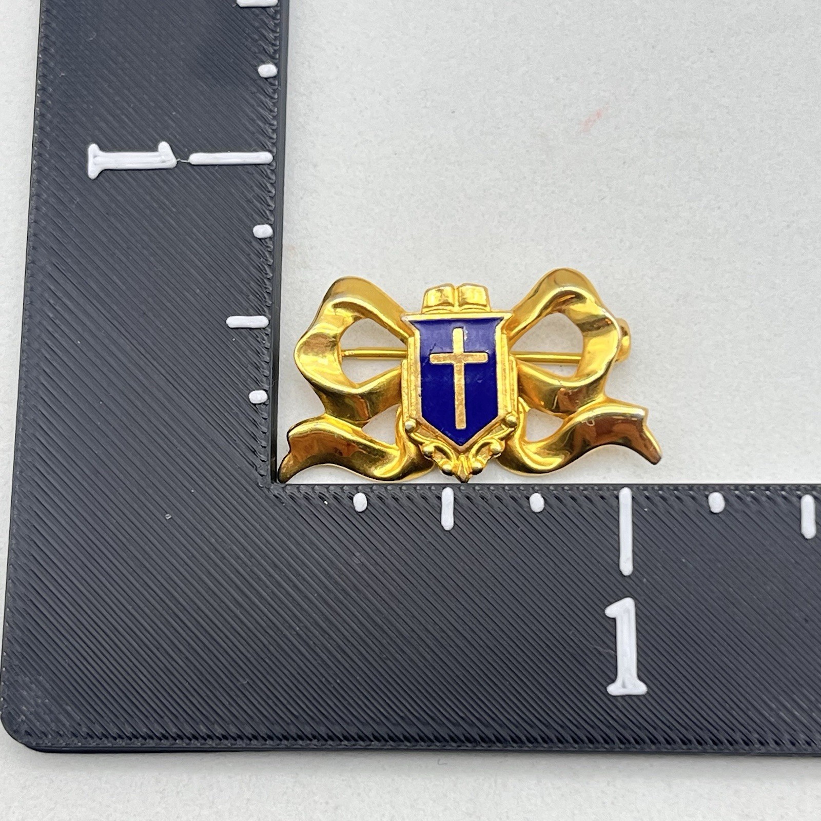 Vintage Cross Shield Religious Brooch Gold Tone Bow Blue Enamel Pin 1″