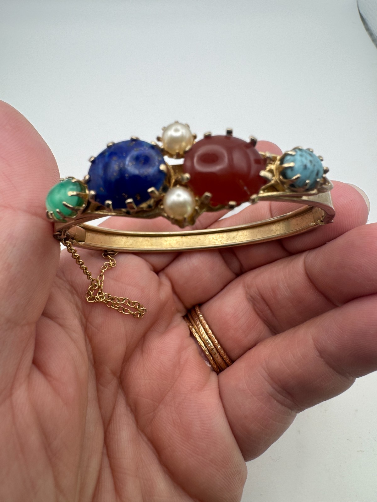 Vintage Cabochon Bracelet Green Blue Hinged Bangle Victorian Revival