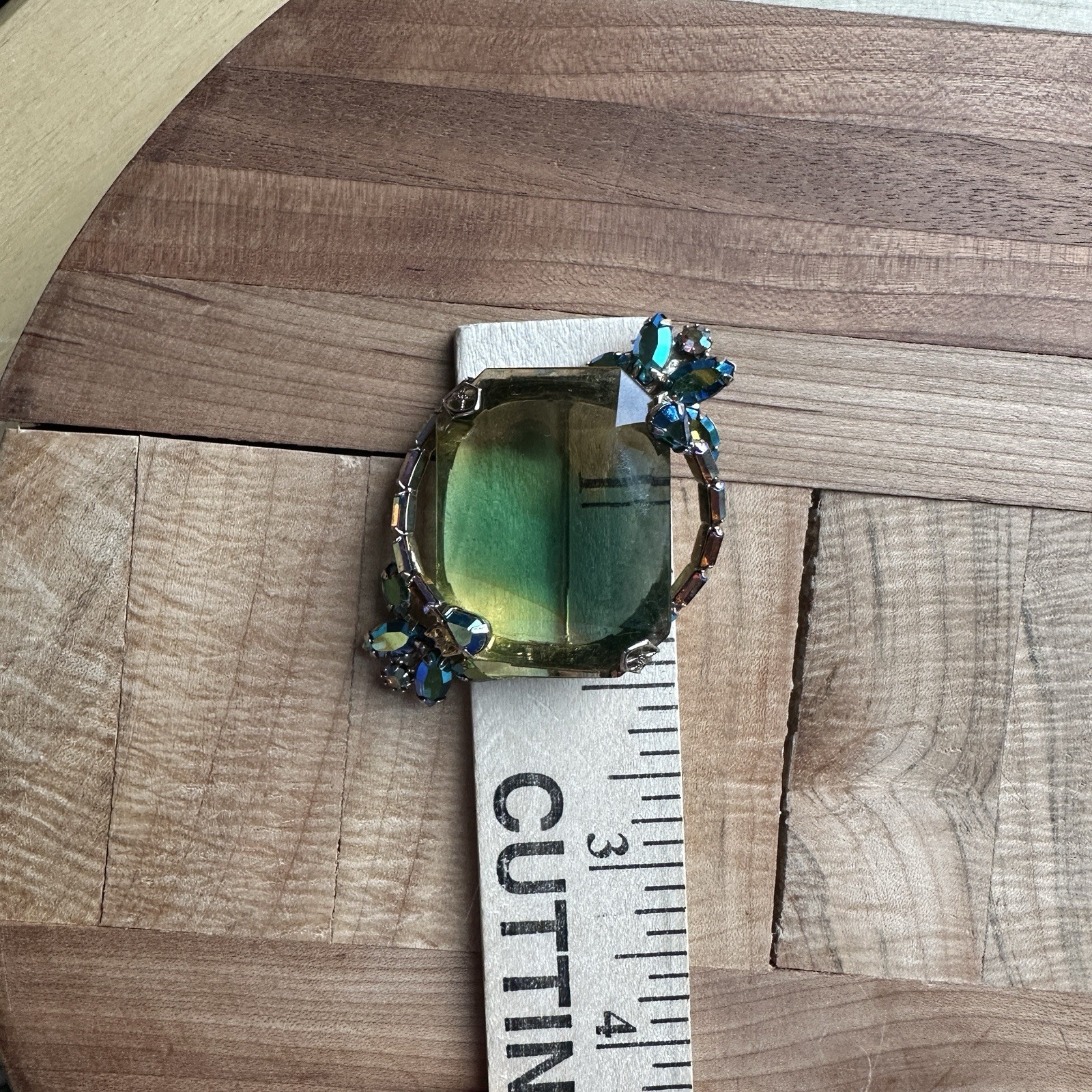 VTG Shadowbox Cocktail Brooch 2 Inch Vitrail Emerald Cut Blue AB Gold Filigree