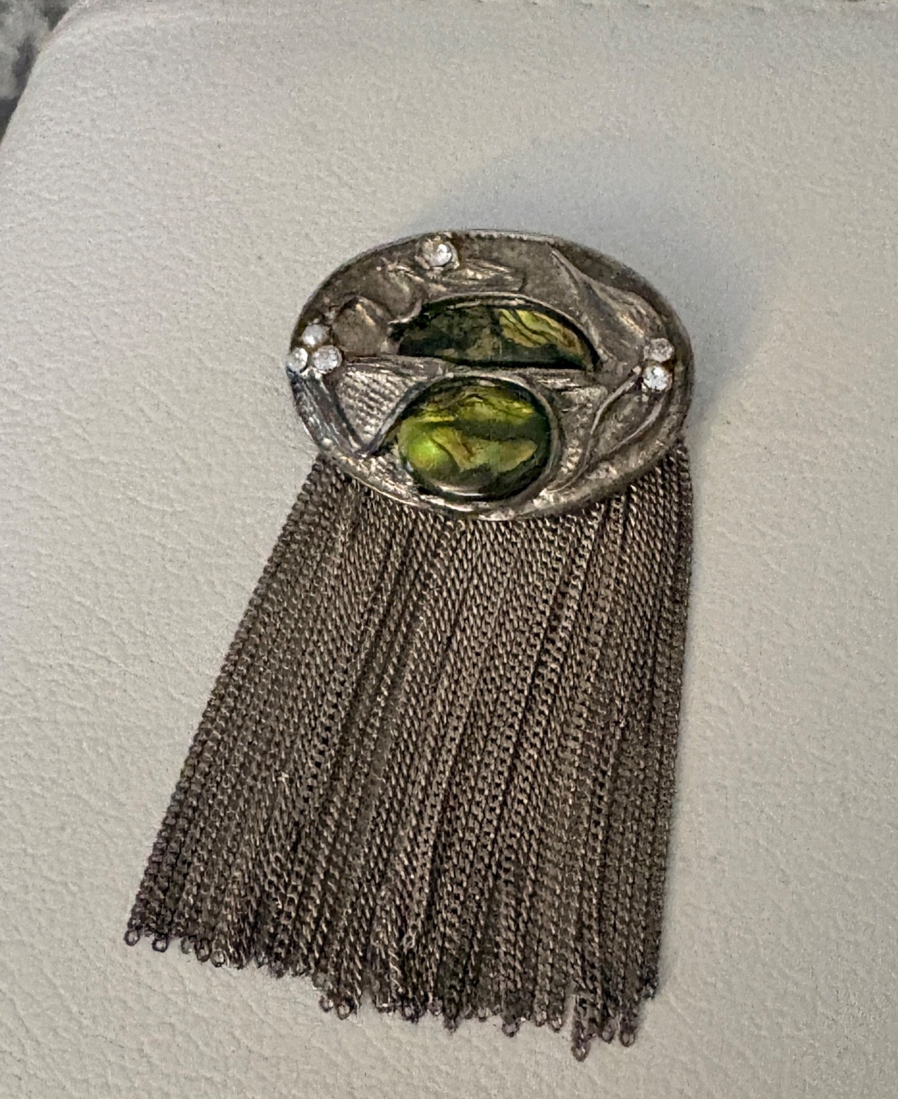 Vintage Unsigned Abalone SilverTone Fringe Chain Brutalist Statement Brooch