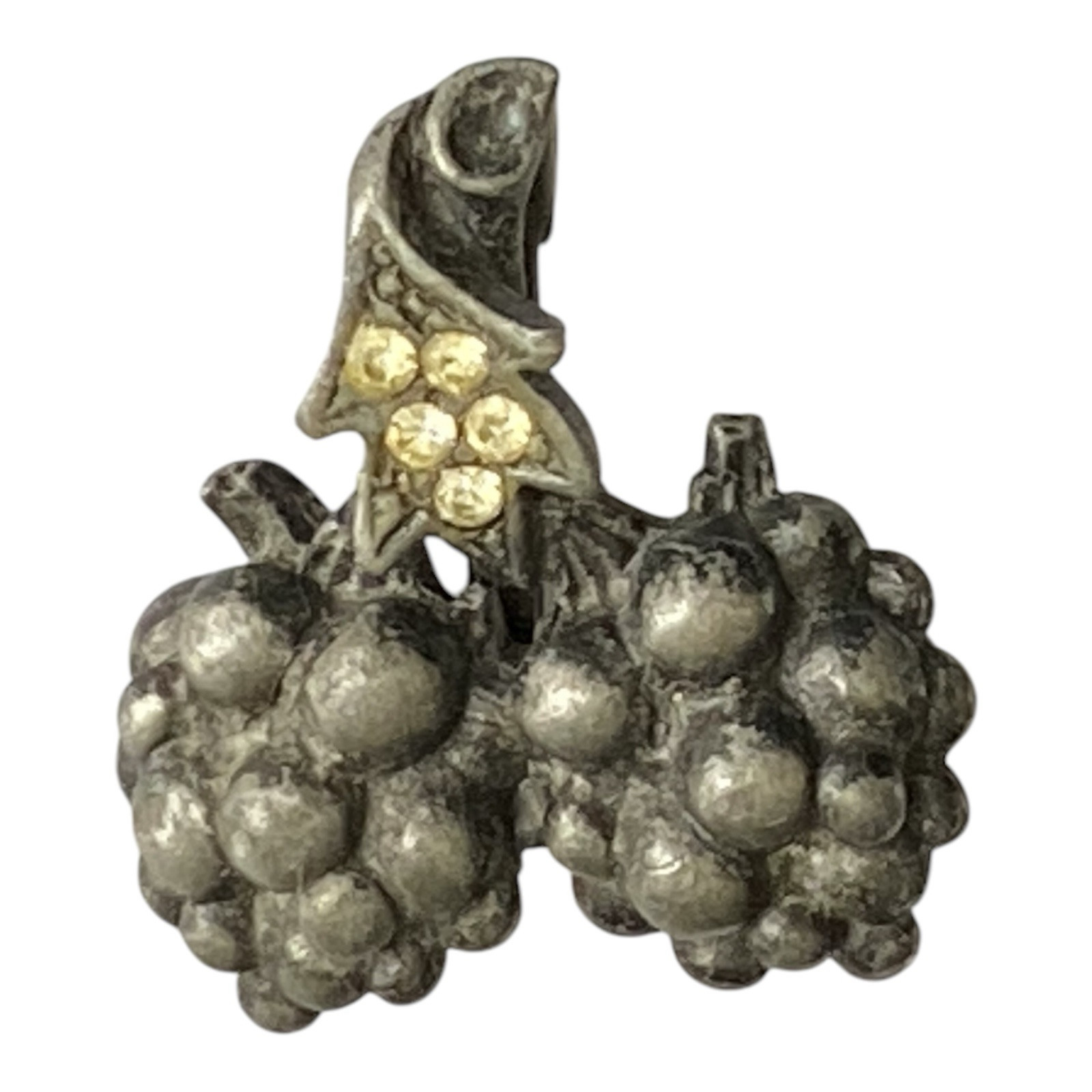 Vintage Bunch Of Grapes Brooch Lapel Pin Cluster Fruit Silver Tone Rhinestone