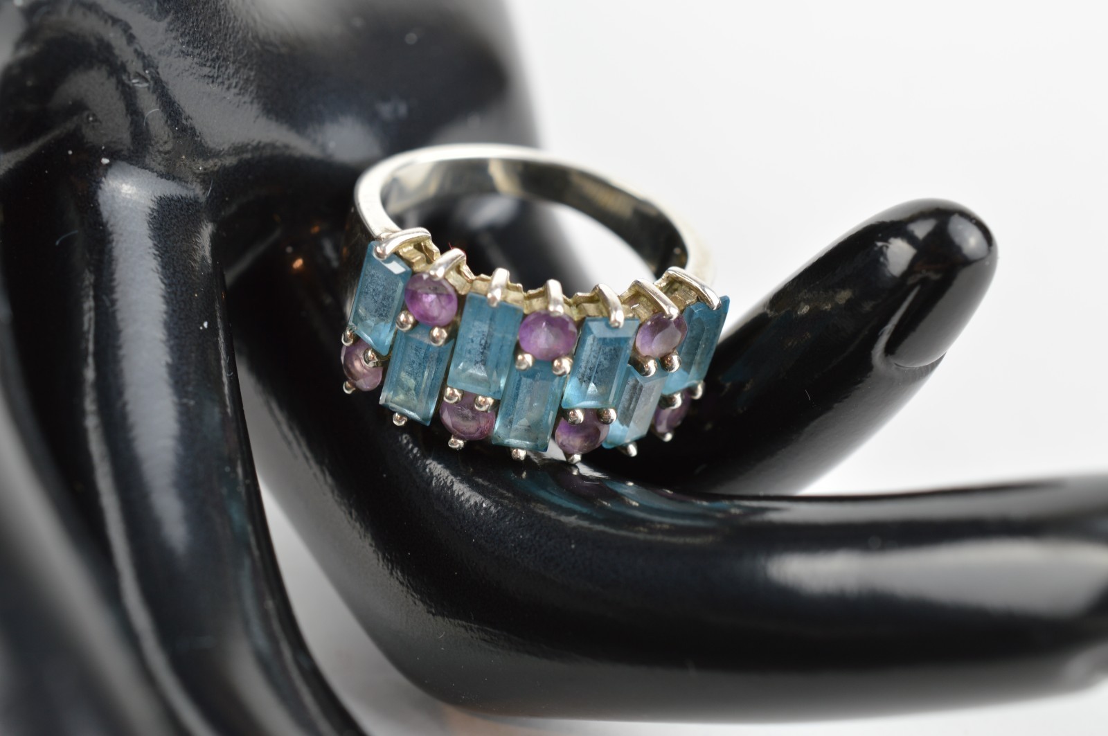 HN Ring Sterling Silver 925 with Topaz and Amethyst, Size 7.75