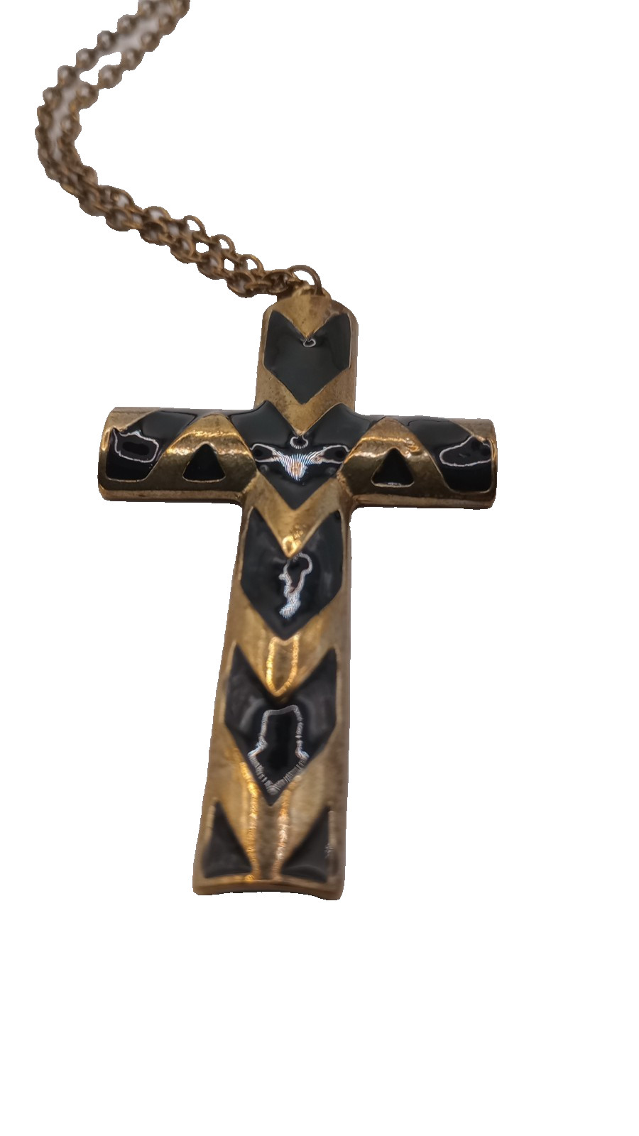 Vintage Enamel Cross Pendant Necklace Black Gold Tone 27 In