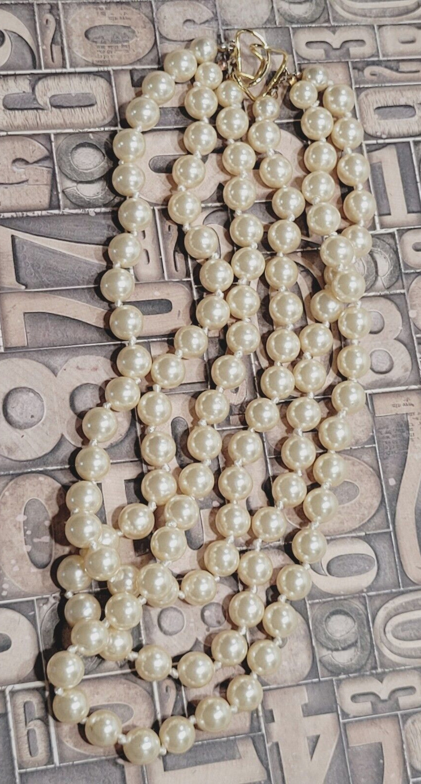 Triple Strand Off White Faux Pearl Knotted Necklace with Gold Tone Clasp 15 Inch