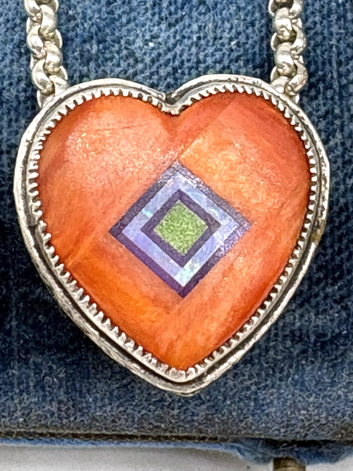 Aldrich Art Jewelry Necklace Orange Heart Inlay Sterling Silver Vintage 18″