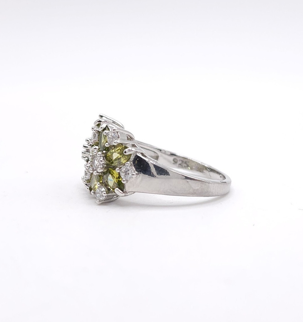 Sterling Silver 925 Green CZ Floral Cluster Ring Daisy Statement Vintage
