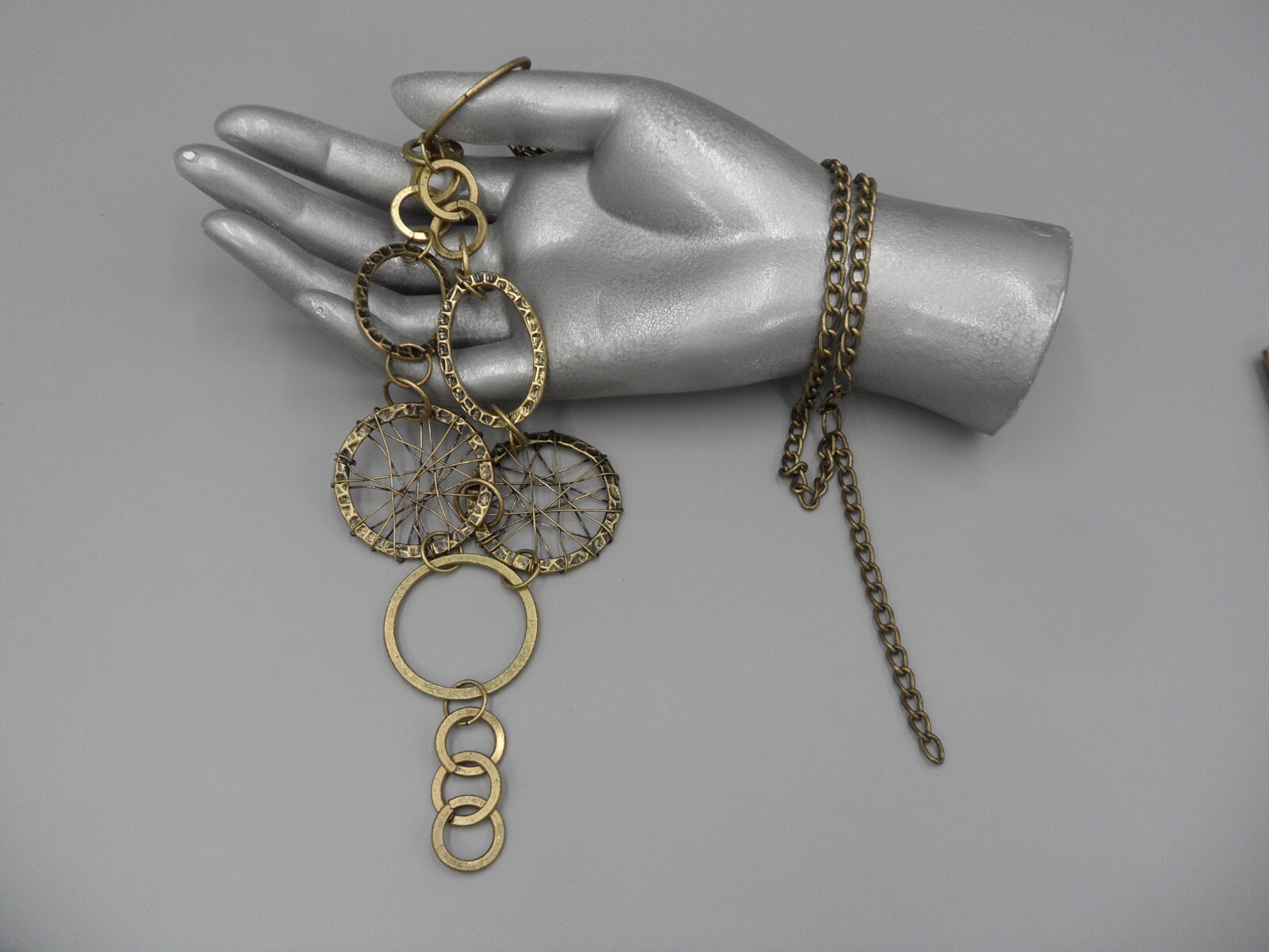Long Bib Necklace Antique Brass Circle Oval Links Dreamcatcher Wire Wrapped