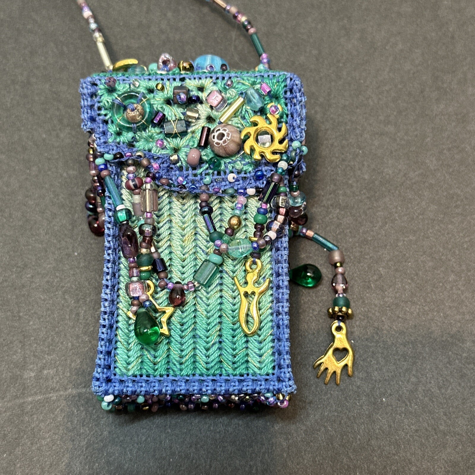 Vintage Handmade Blue Seed Bead Purse Necklace With Beaded Fringe-Bo Ho-Hippie