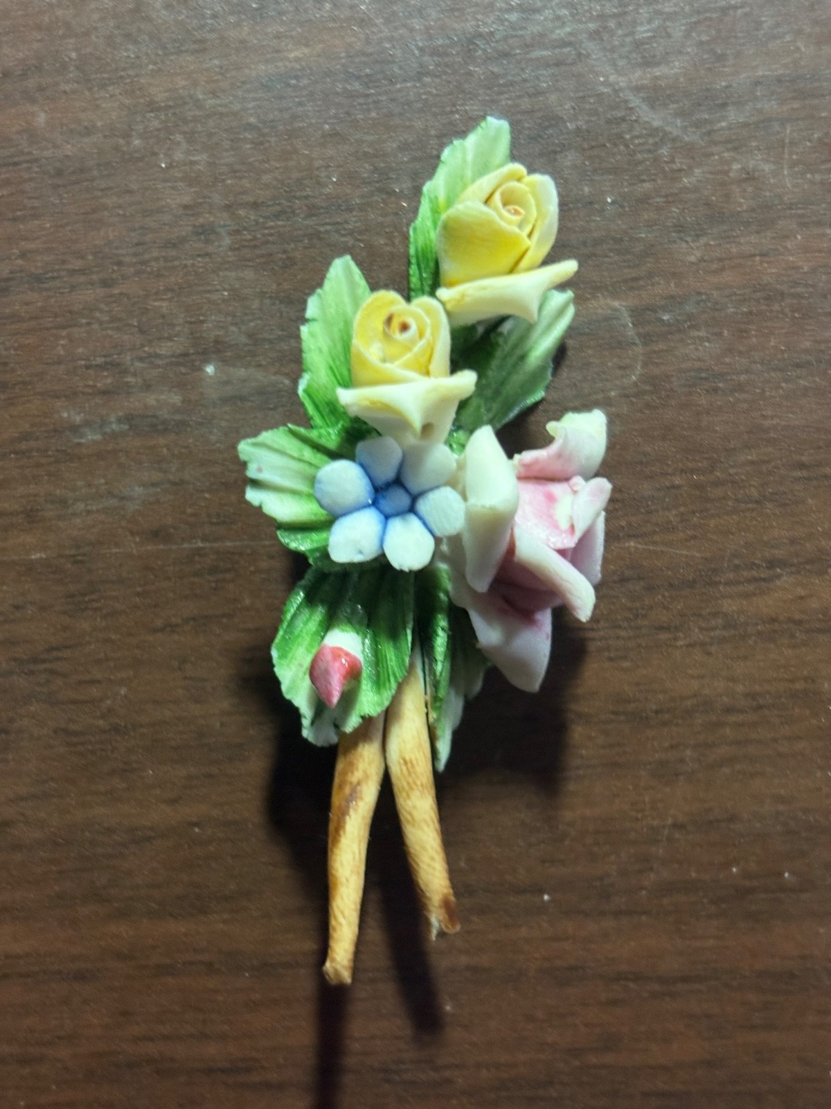 Vintage Hand Painted Porcelain Floral Bouquet Brooch Pin  Pink Yellow Roses Cott