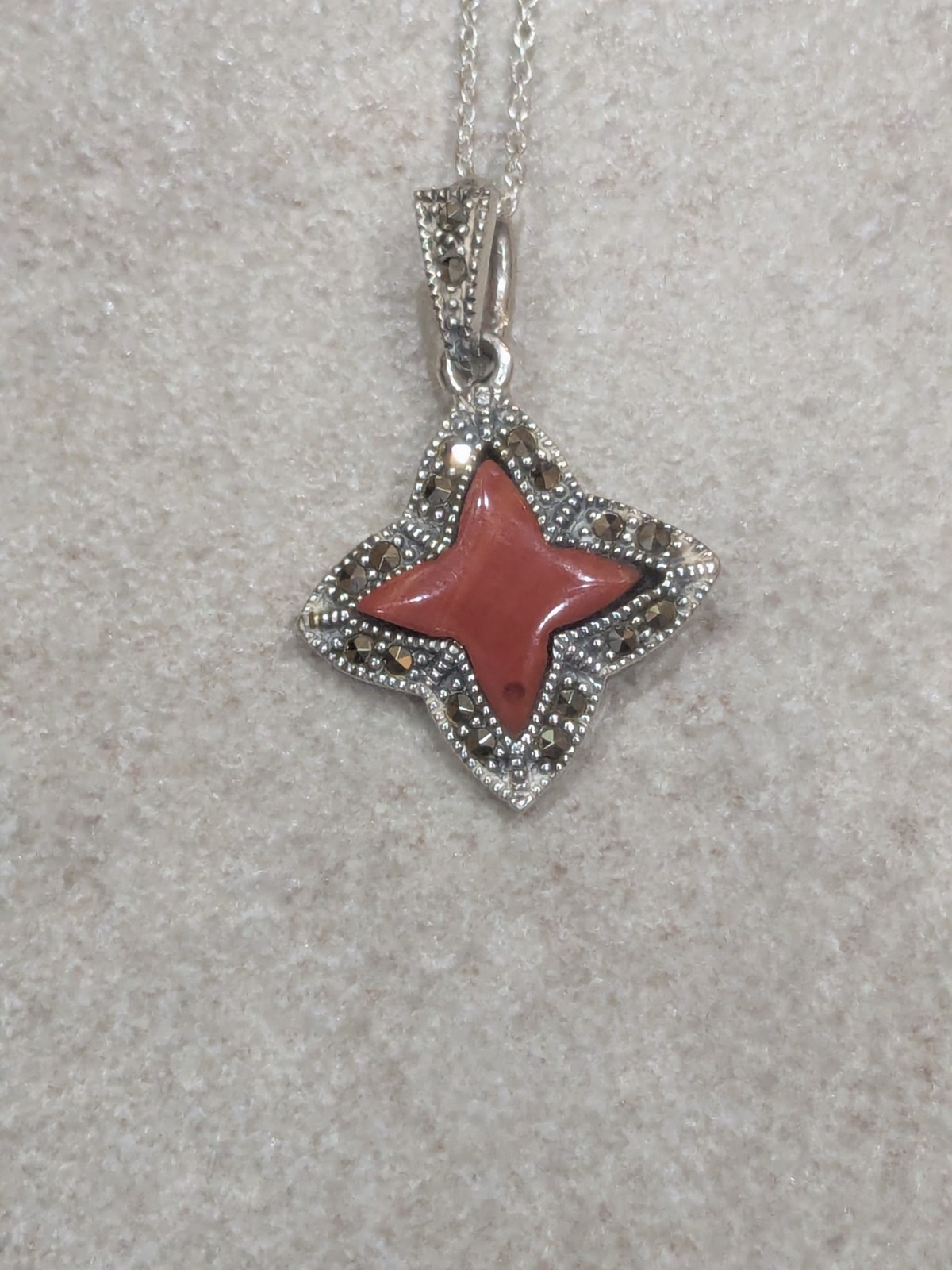 Vintage Sterling Silver 925 Red Coral Marcasite Necklace/Earrings Set 🔥🔥🔥