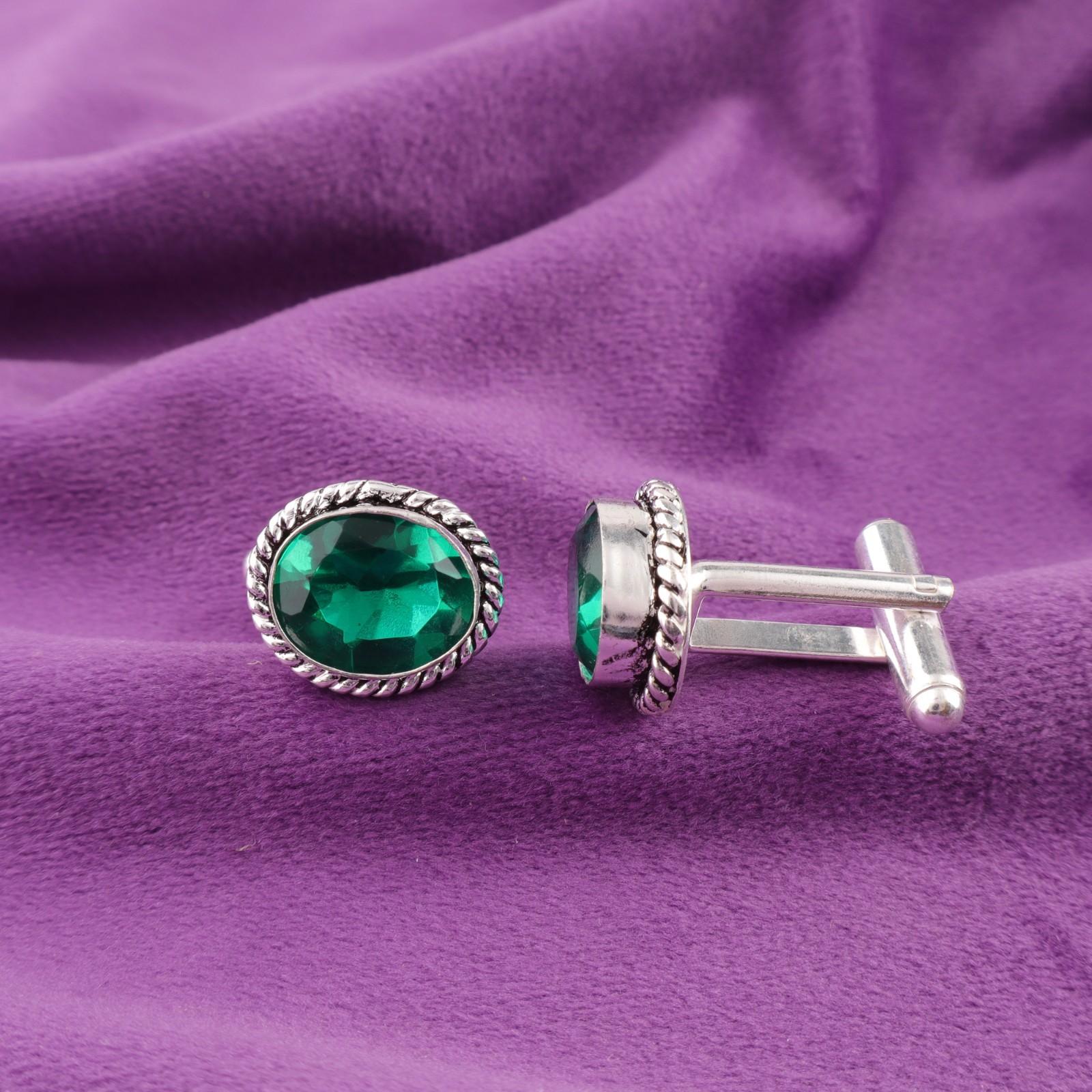 925 Sterling Silver Green Emerald Stone Formal May Boyfriends Cufflinks Jewelry
