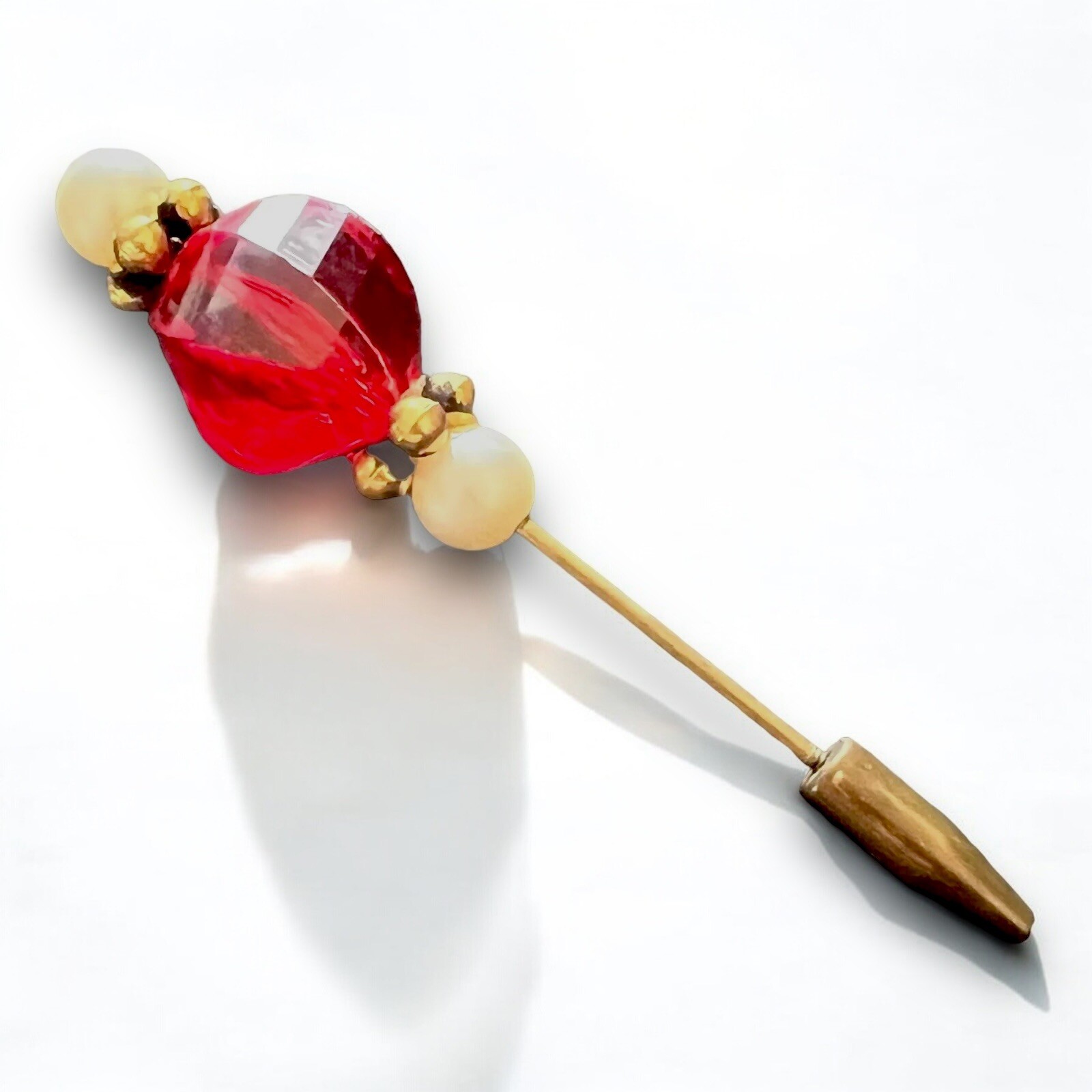 Red Lucite Hat Pin Gold Tone Pearl Art Deco Hat Accessory Vintage Screw Base