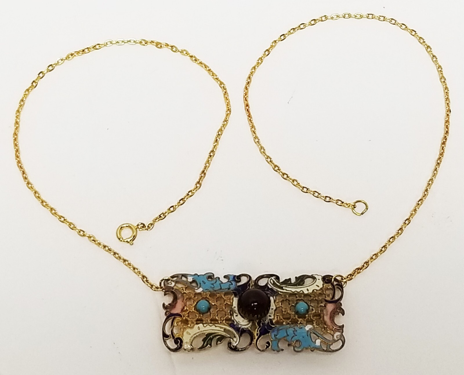 Antique Jeweled Champleve Enamel 1/2 Buckle Repurposed Necklace 19 3/4″