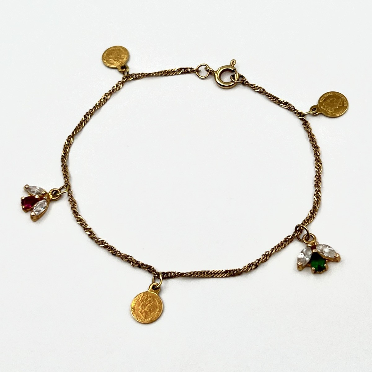 17k/18k Gold Simulated Ruby Emerald CZ Vtg Coin Style Charm Bracelet (LO1011755)