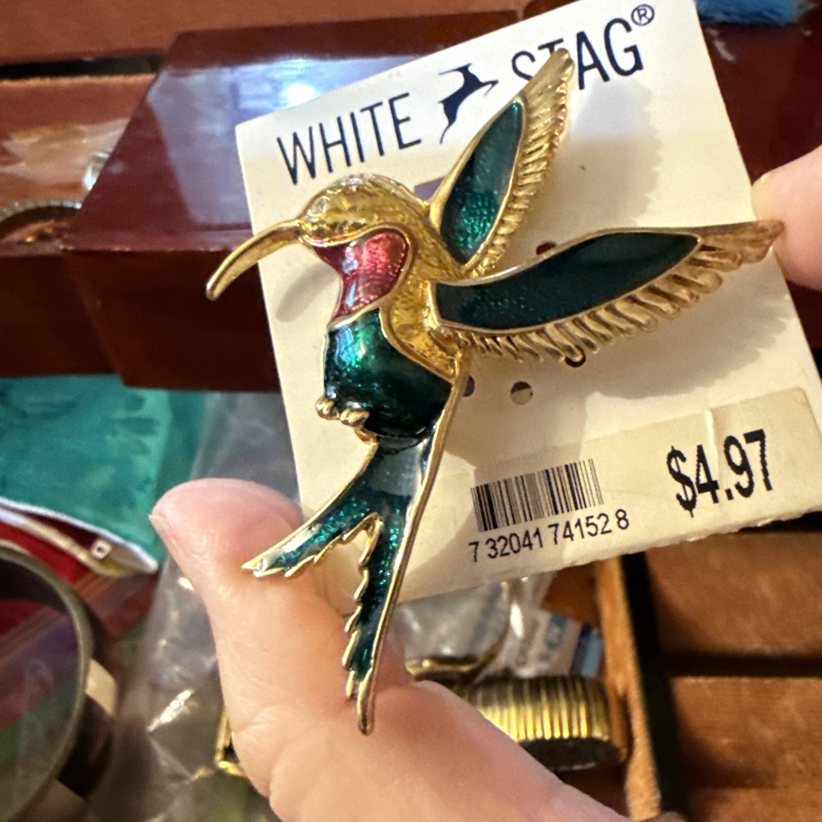 VTG Women’s White Stag Multi Color Enamel Hummingbird Broach Pin Fashion Jewelry