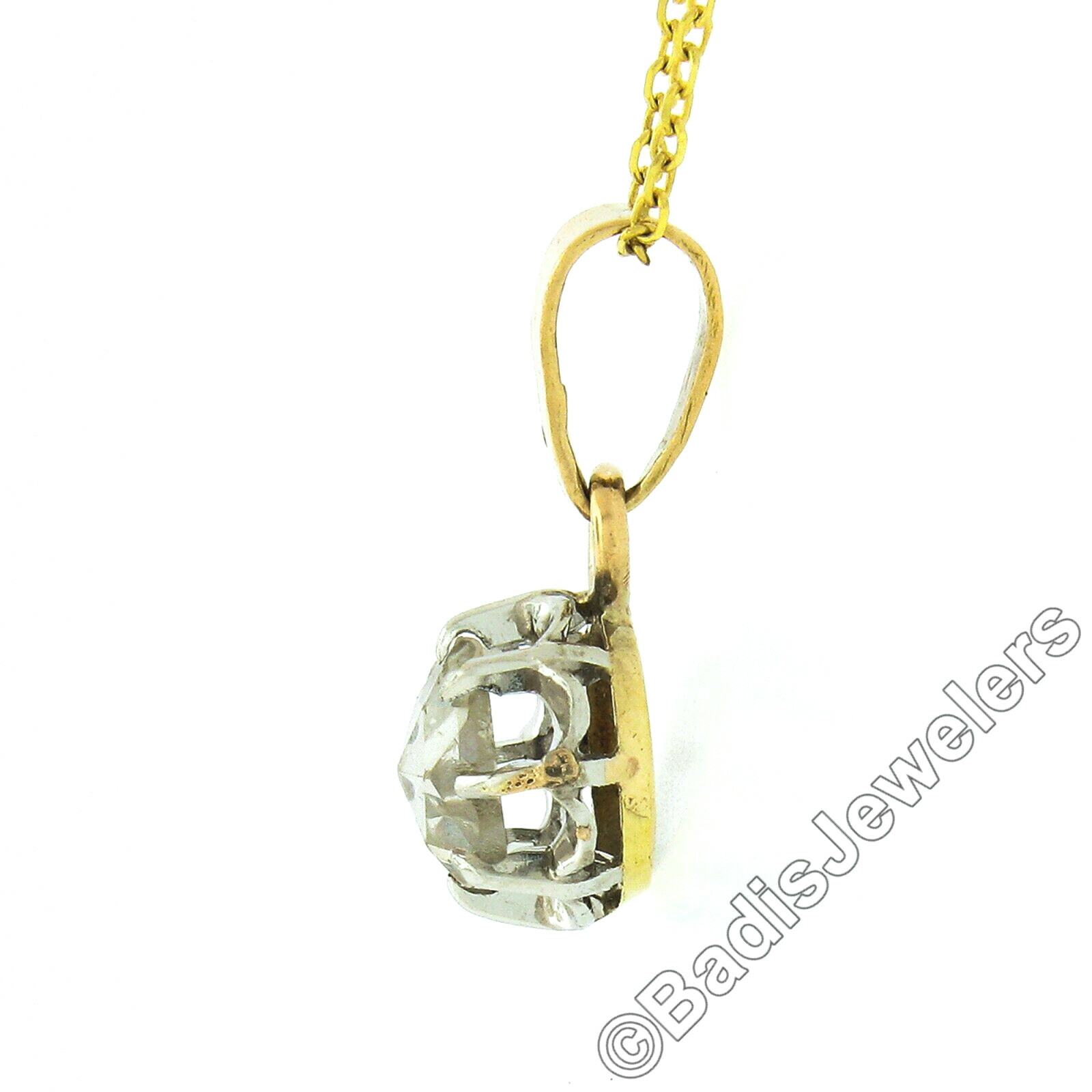 Antique 18k Gold Platinum 0.40ct Rose Cut Diamond Solitaire Pendant w/ 16″ Chain