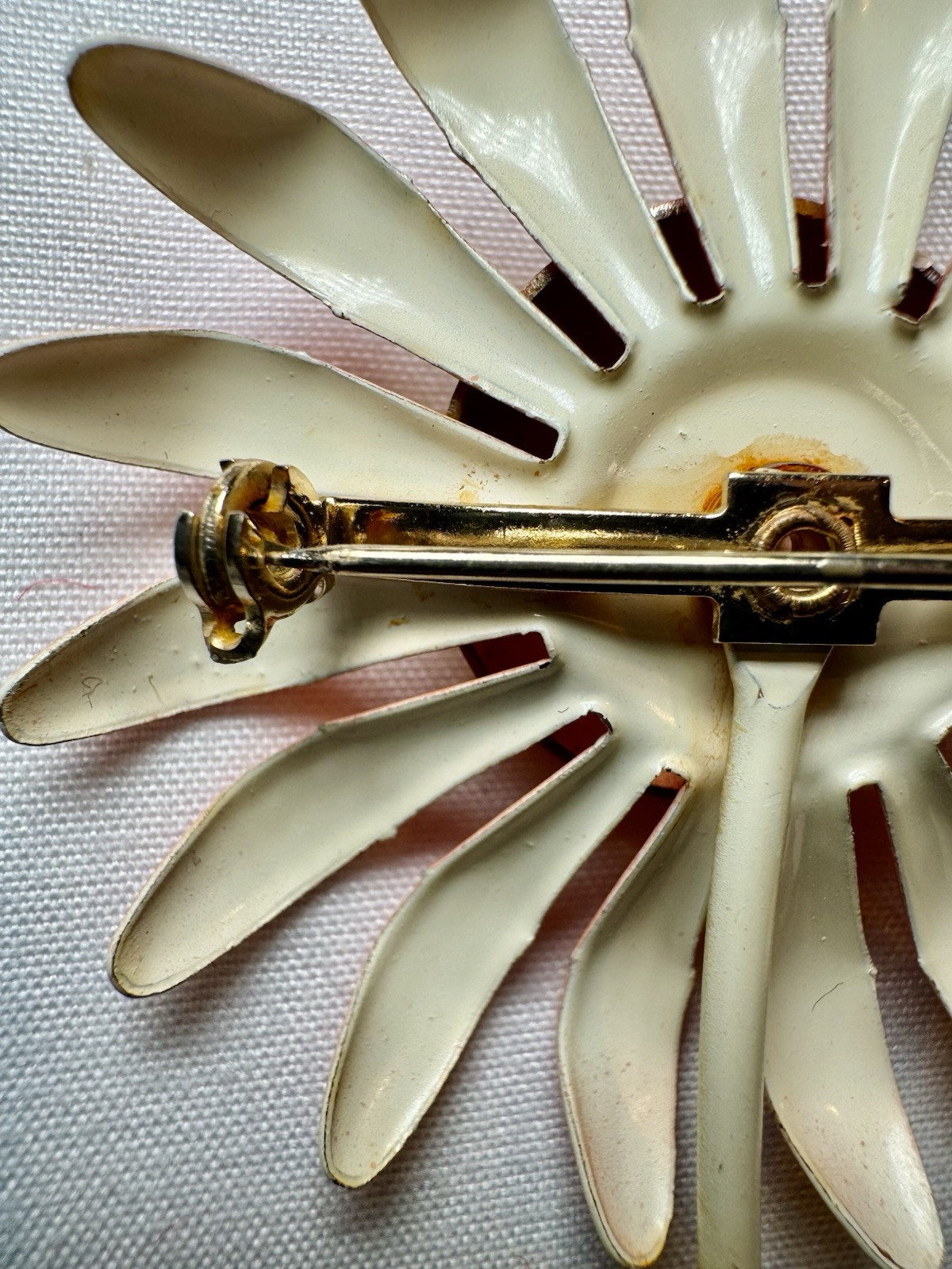 Vintage Orange Yellow Metal Enamel Daisy Flower Floral Brooch Pin 4.25” Spring