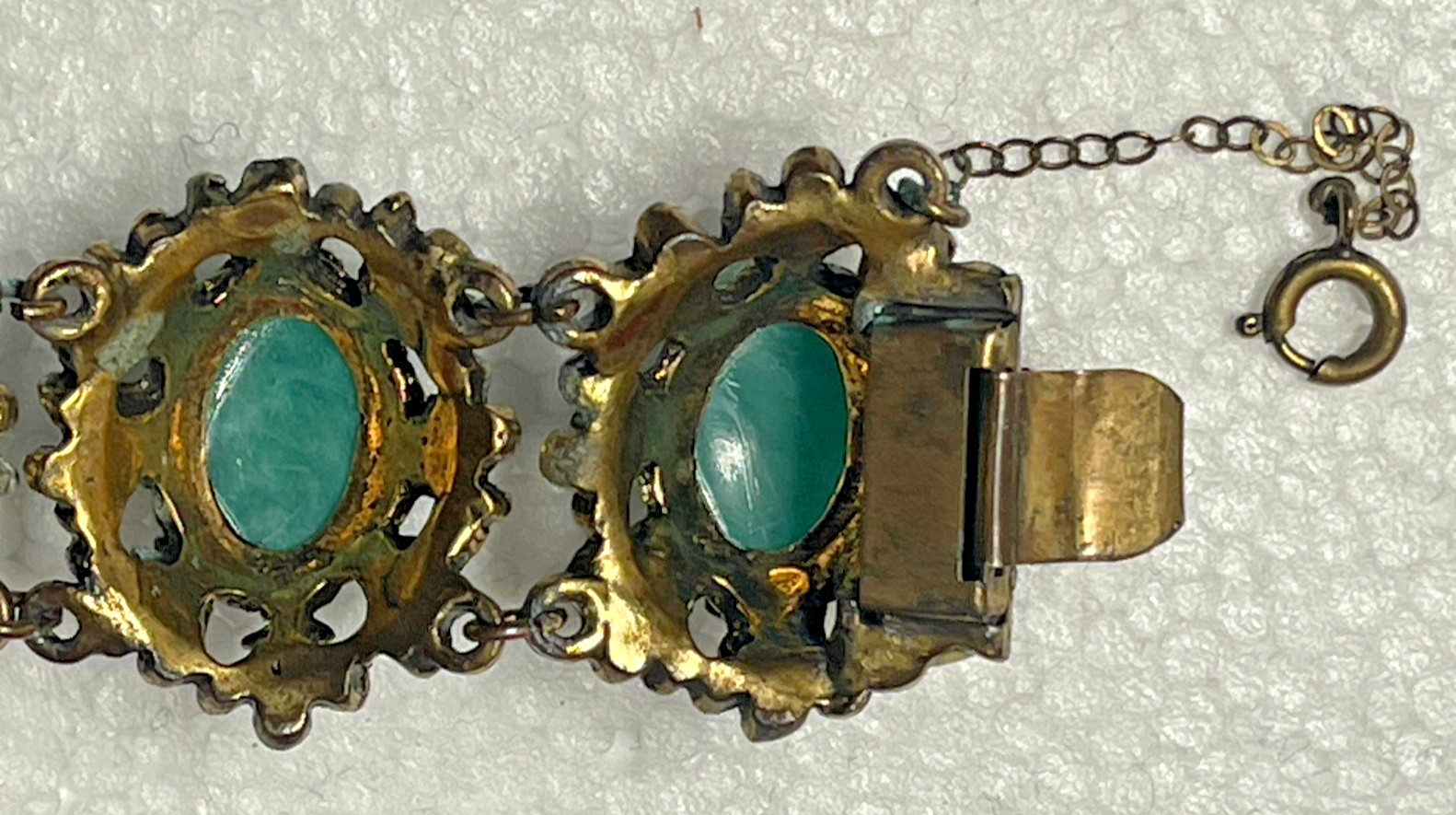 Vintage Selro or Selini Teal Green Faux Pearl Cabochon Chunky Link Bracelet