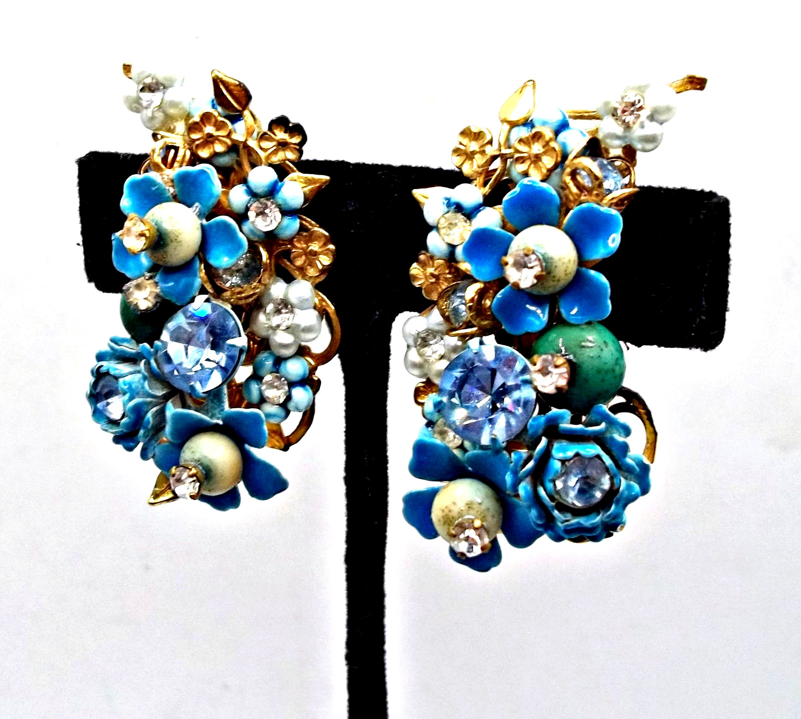 Vintage 50’s Blue Enamel Forget Me Not Pearl Rhinestone Earrings ROBERT DE MARIO