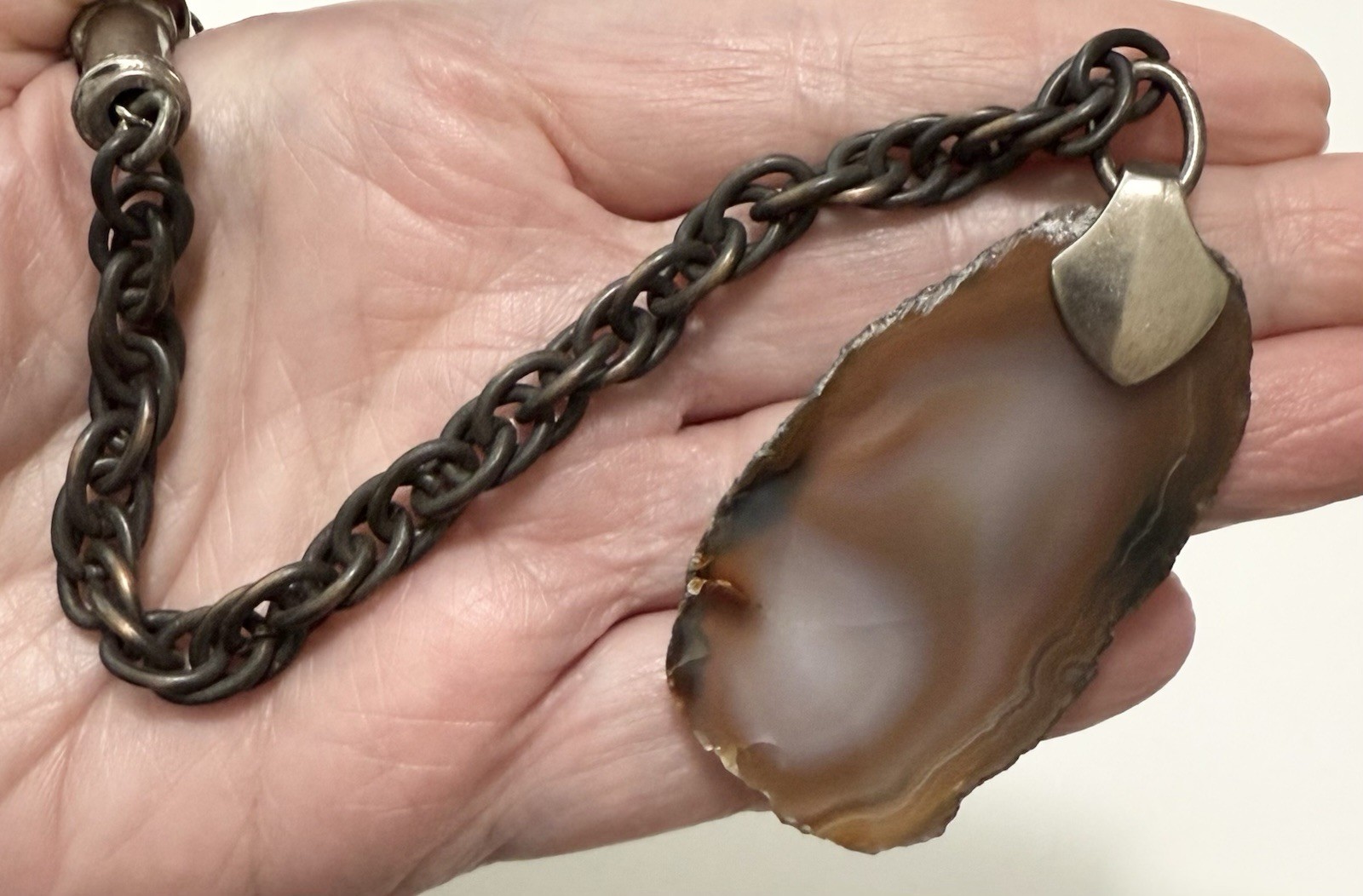 Modernist Pewter Tube Bead & Agate Geode Slices Chain Belt or Necklace 34”- 40”