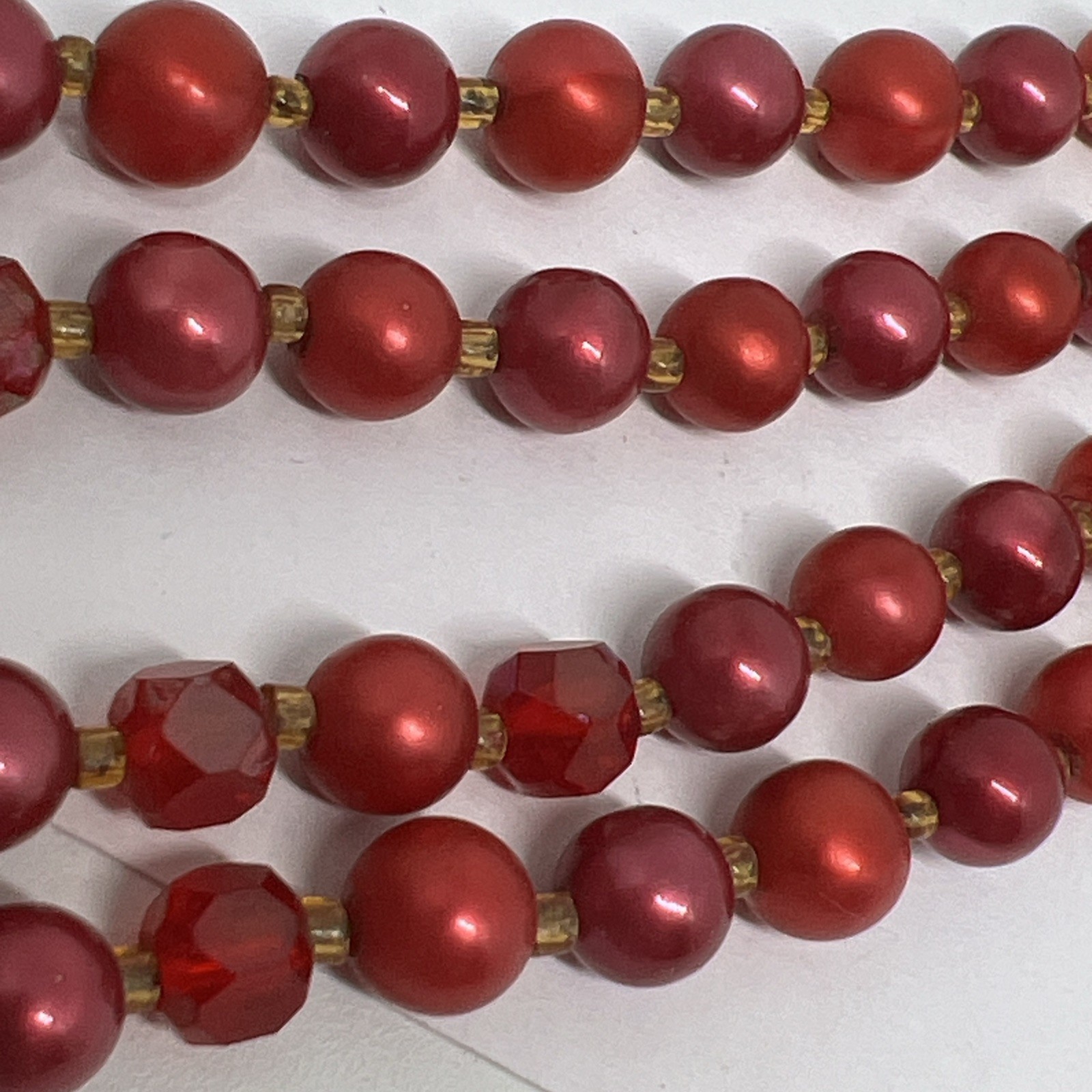 Vintage Red Faux Pearl Faced Lucite 15”-17” Necklace Marked Japan