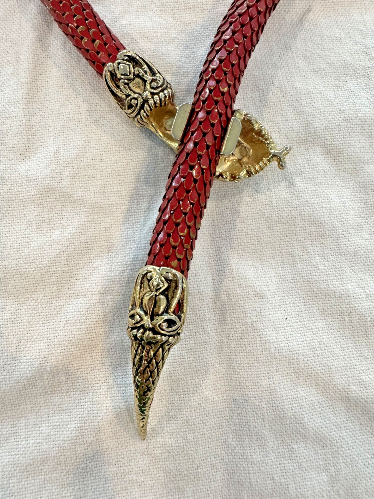 DL Auld Gold Red Mesh Snake Choker Necklace Rhinestone Vintage