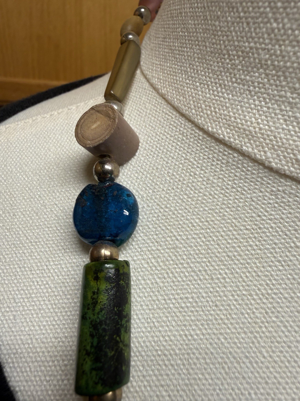 Vintage Mixed Bead Multicolor Necklace Shell Wood Ceramic Metal Glass