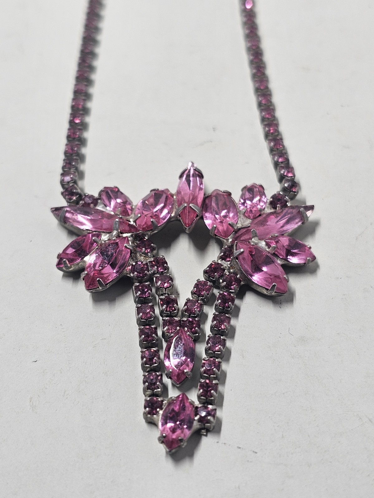 Vintage Pink Purple Rhinestone Statement Necklace Floral Starburst Gunmetal