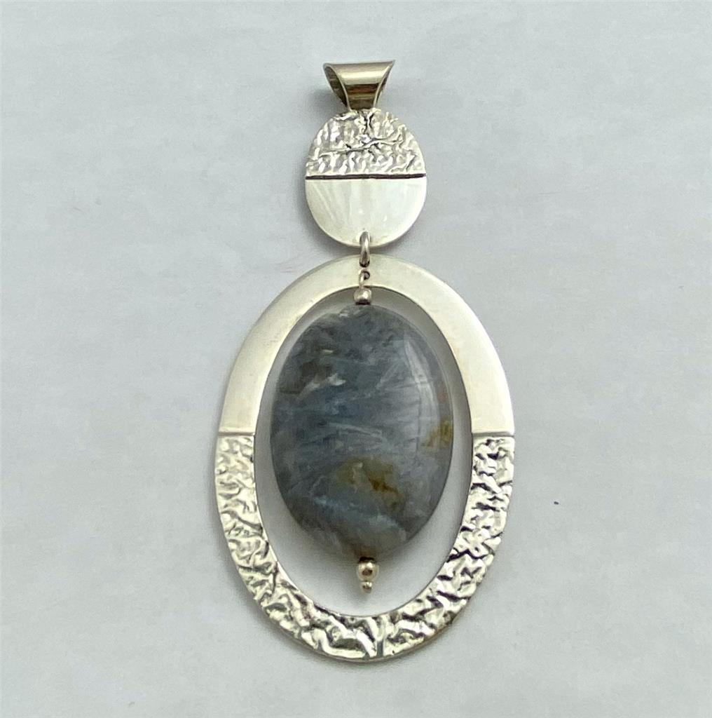 Vintage 925 Sterling Silver Mexico Designer Oval Agate Large Pendant