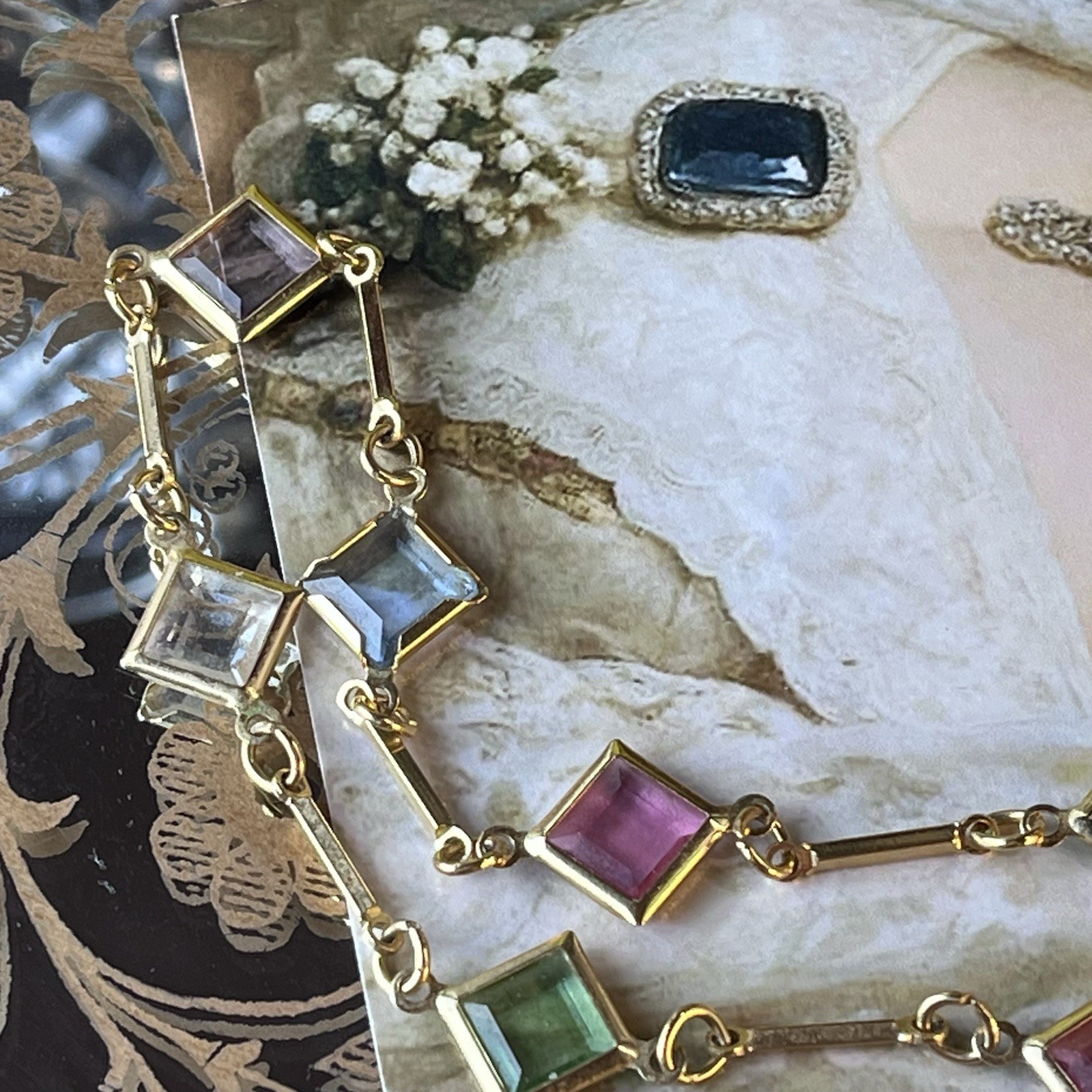 Vintage Pastel Glass Square Station Necklace – Bar Link Chain – Gold Tone – 30”