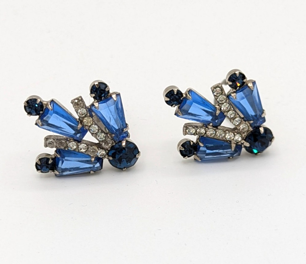 Juliana Blue Clip Earrings Keystones Fan Shape Verified DeLizza Elster Art Deco