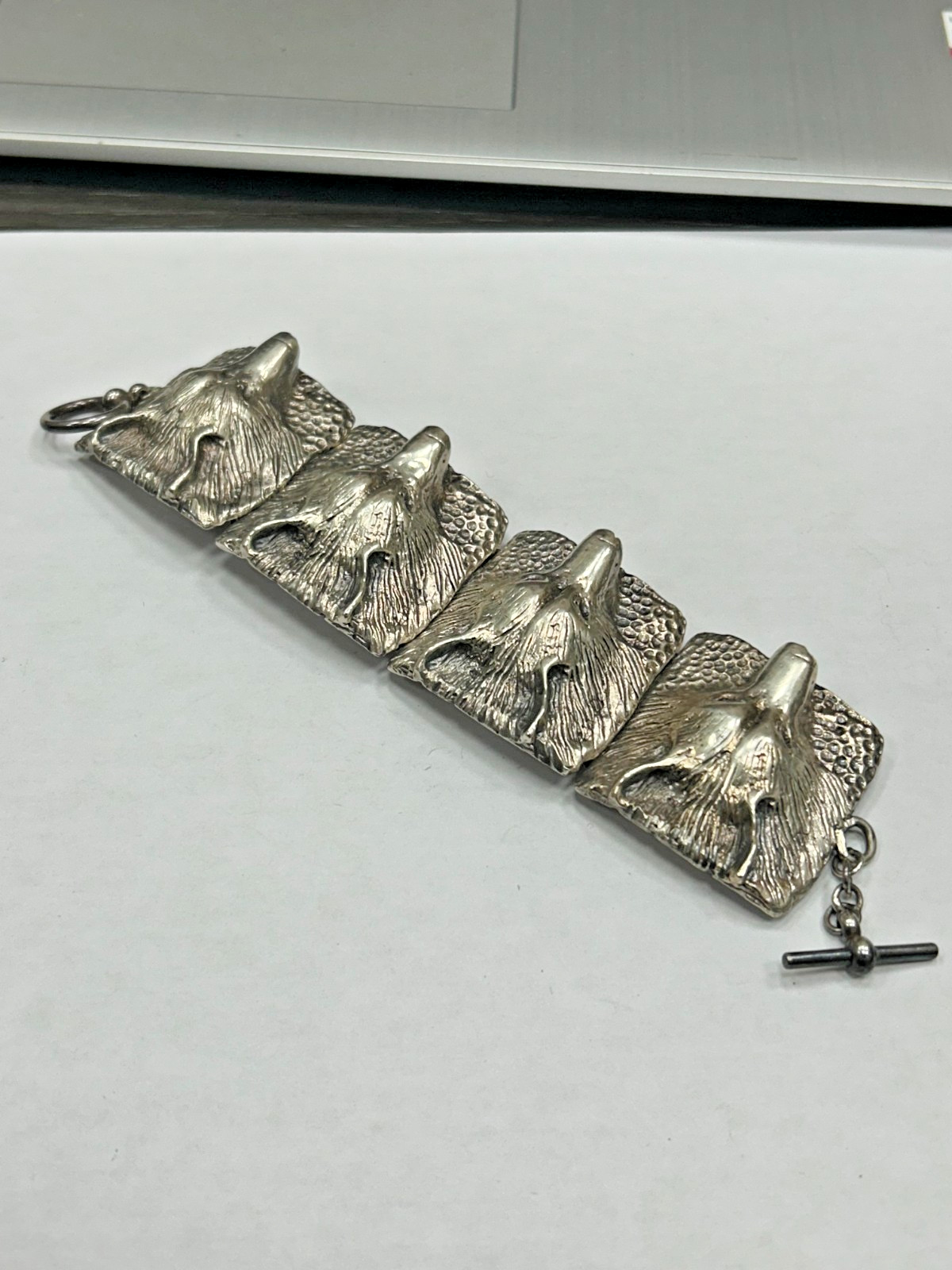 Vintage Silver Fox Wolf Head Articulated Link Bracelet 7.5 Inches