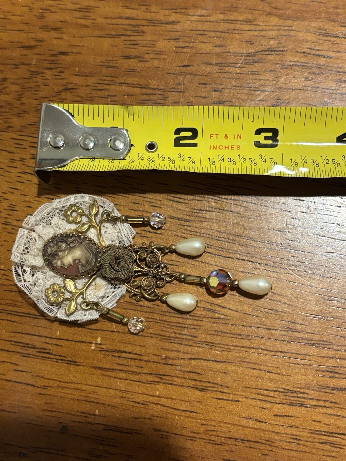 Vintage 3” Gold Brown White Molded Cameo with Beads and Lace Brooch Pin