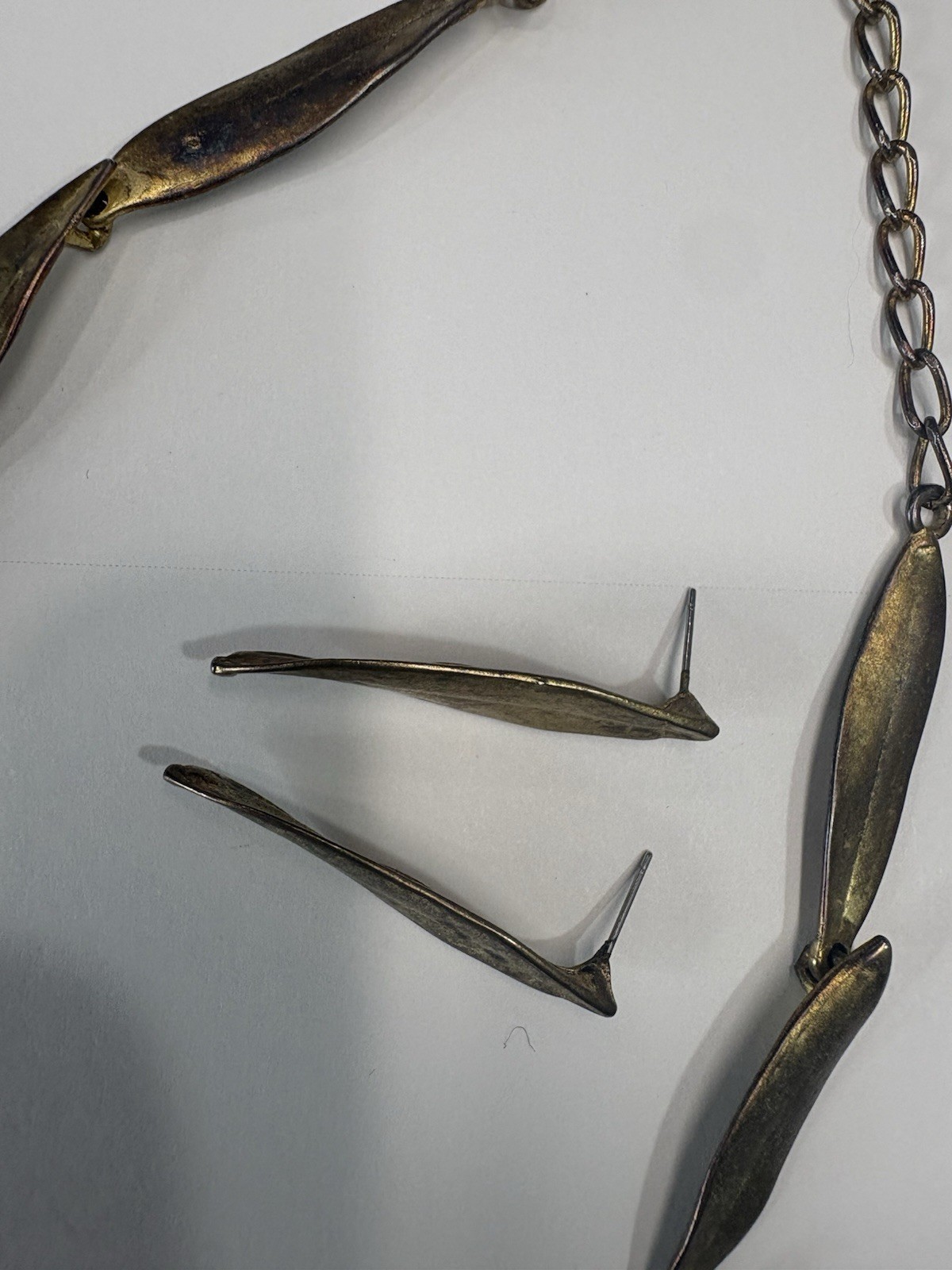 VTG Virginia Parissi Brutalist Leaf Necklace Earrings Set Bronze Tone Modernist