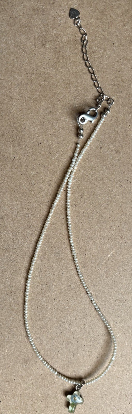 VTG 925 Sterling Tiny Pearl Bead Pressed Flower Cross Pendant Necklace 17”