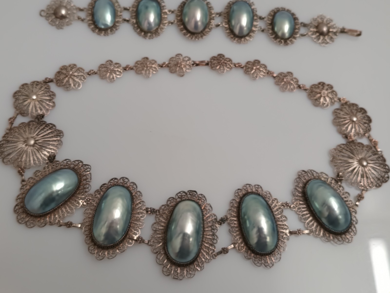 Vintage Antique Silver Filigree Mabe Pearl Necklace Brooch Bracelet Set Lot