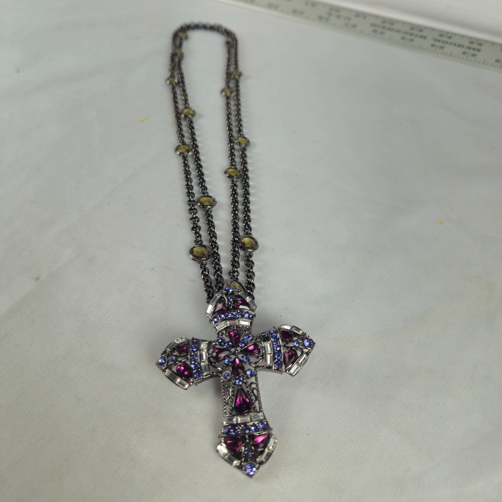 Real Collectibles by Adrienne Purple Crystal Gemstone Cross + 50″ Necklace VTG