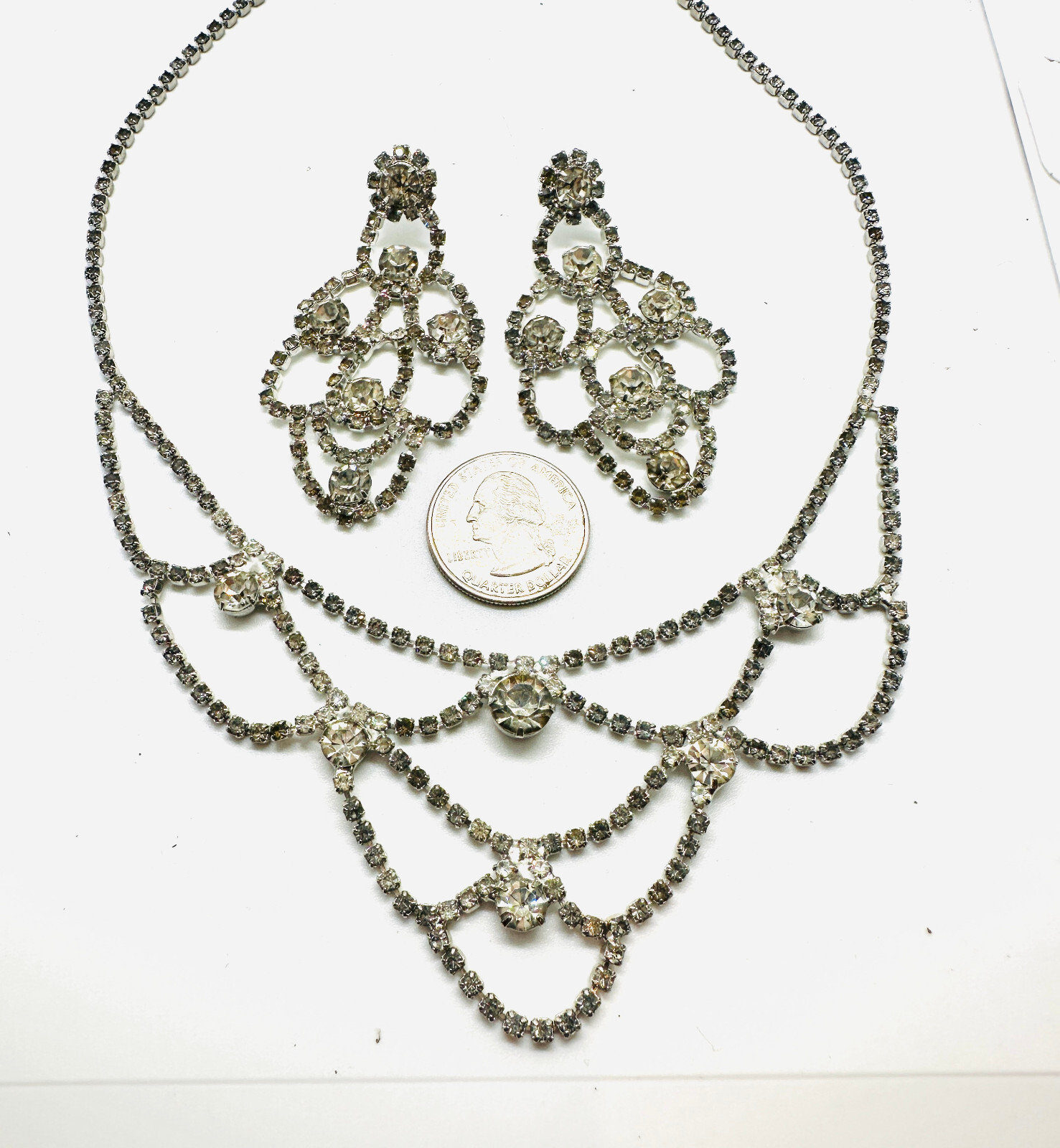 Vintage NOS Smokey Crystal Rhinestone Festoon Necklace & Pierced Earrings Set