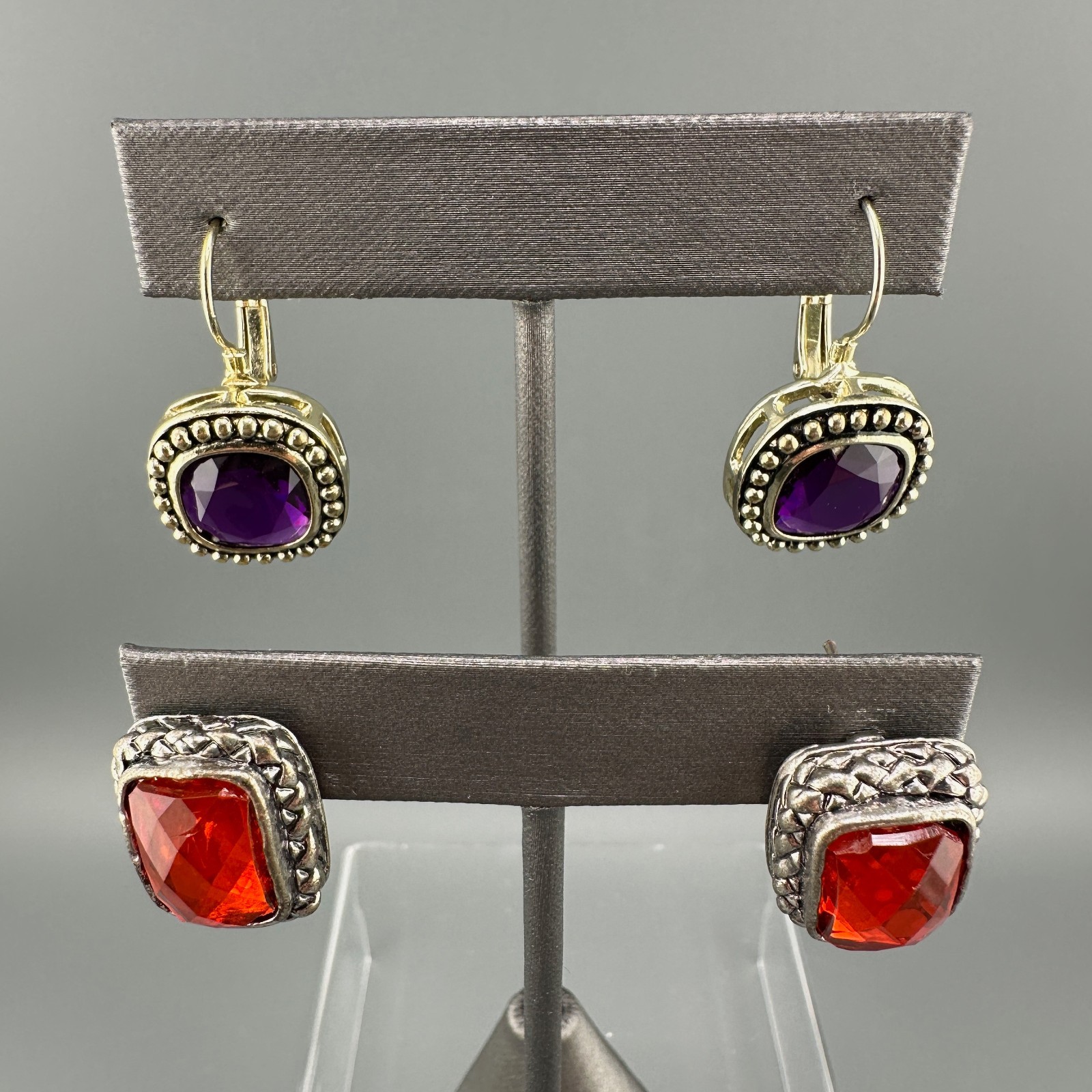 Vintage Rhinestone Earrings Lot Leverback Wingback Purple Red Silver Gold Tone