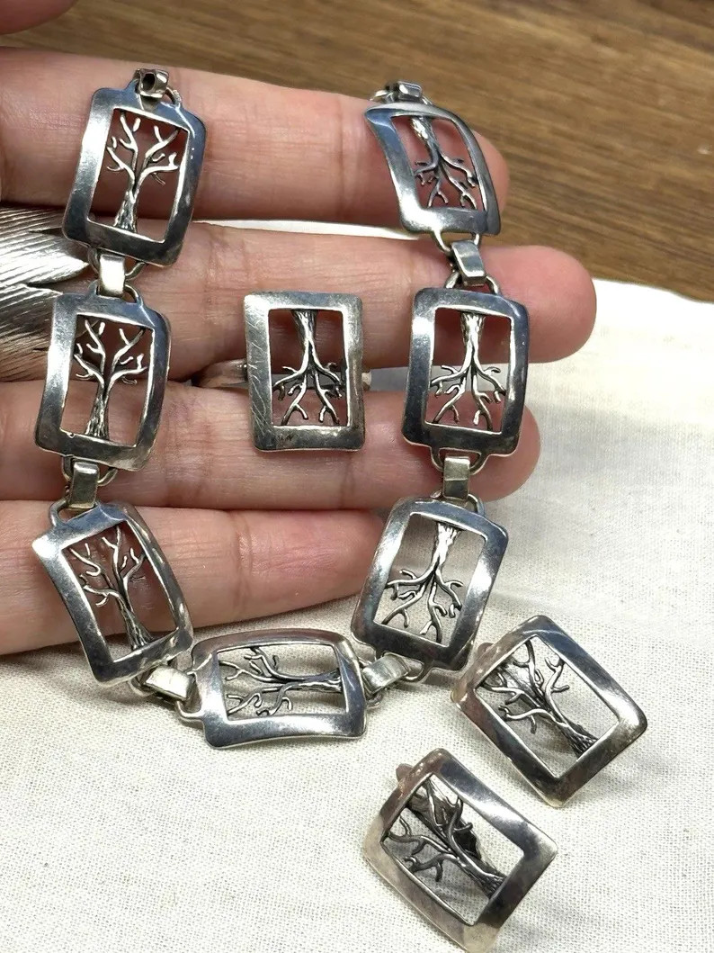 Vintage set tree of life 925 sterling silver bracelet earrings ring