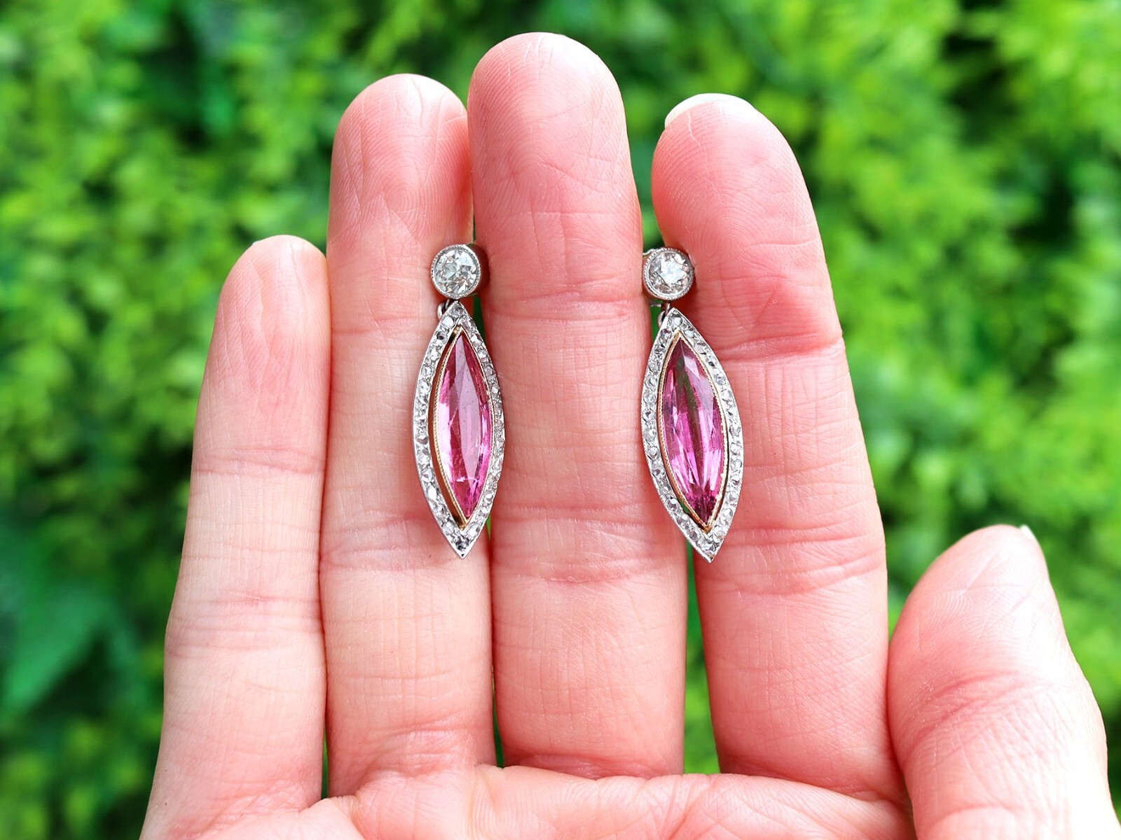 5.60Ct Pink Tourmaline and 1.10Ct Diamond, Platinum Drop Earrings Circa 1925